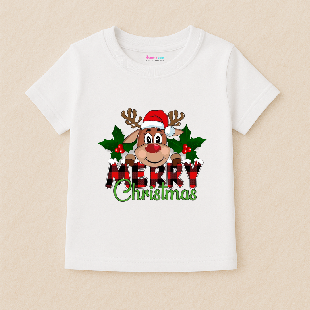 Girl Kids Christmas T-Shirt - Reindeer Santa Design