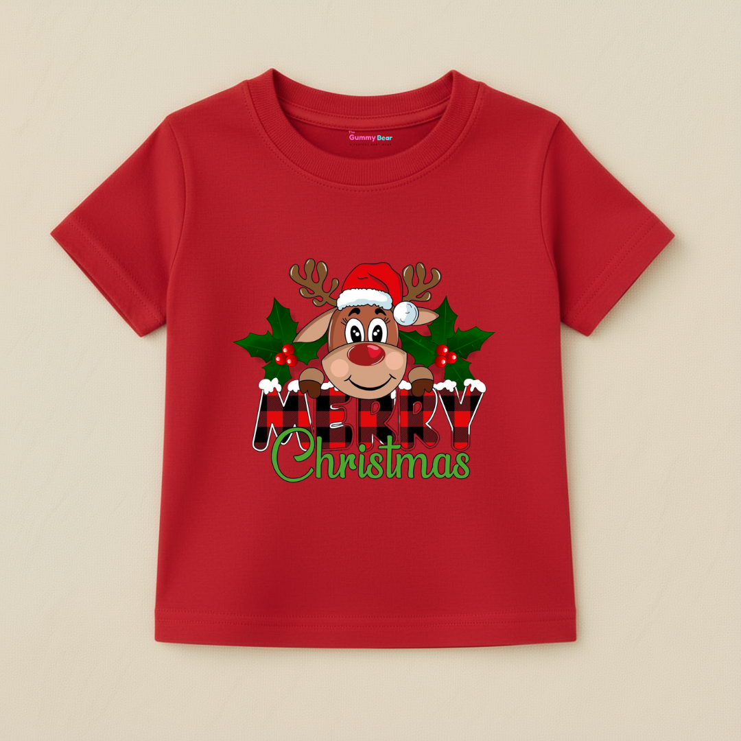 Girl Kids Christmas T-Shirt - Reindeer Santa Design