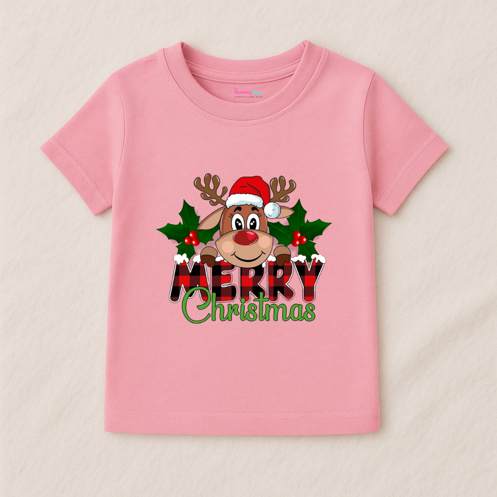 Girl Kids Christmas T-Shirt - Reindeer Santa Design