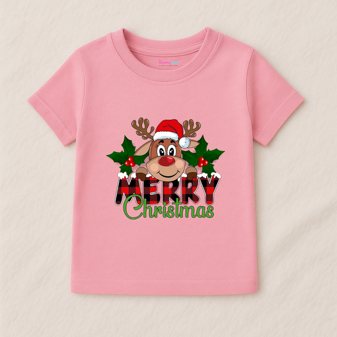 Girl Kids Christmas T-Shirt - Reindeer Santa Design