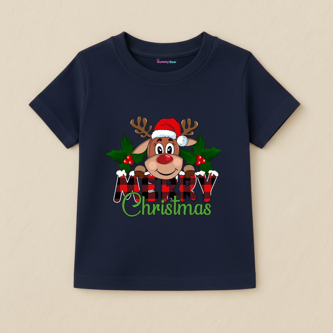 Girl Kids Christmas T-Shirt - Reindeer Santa Design
