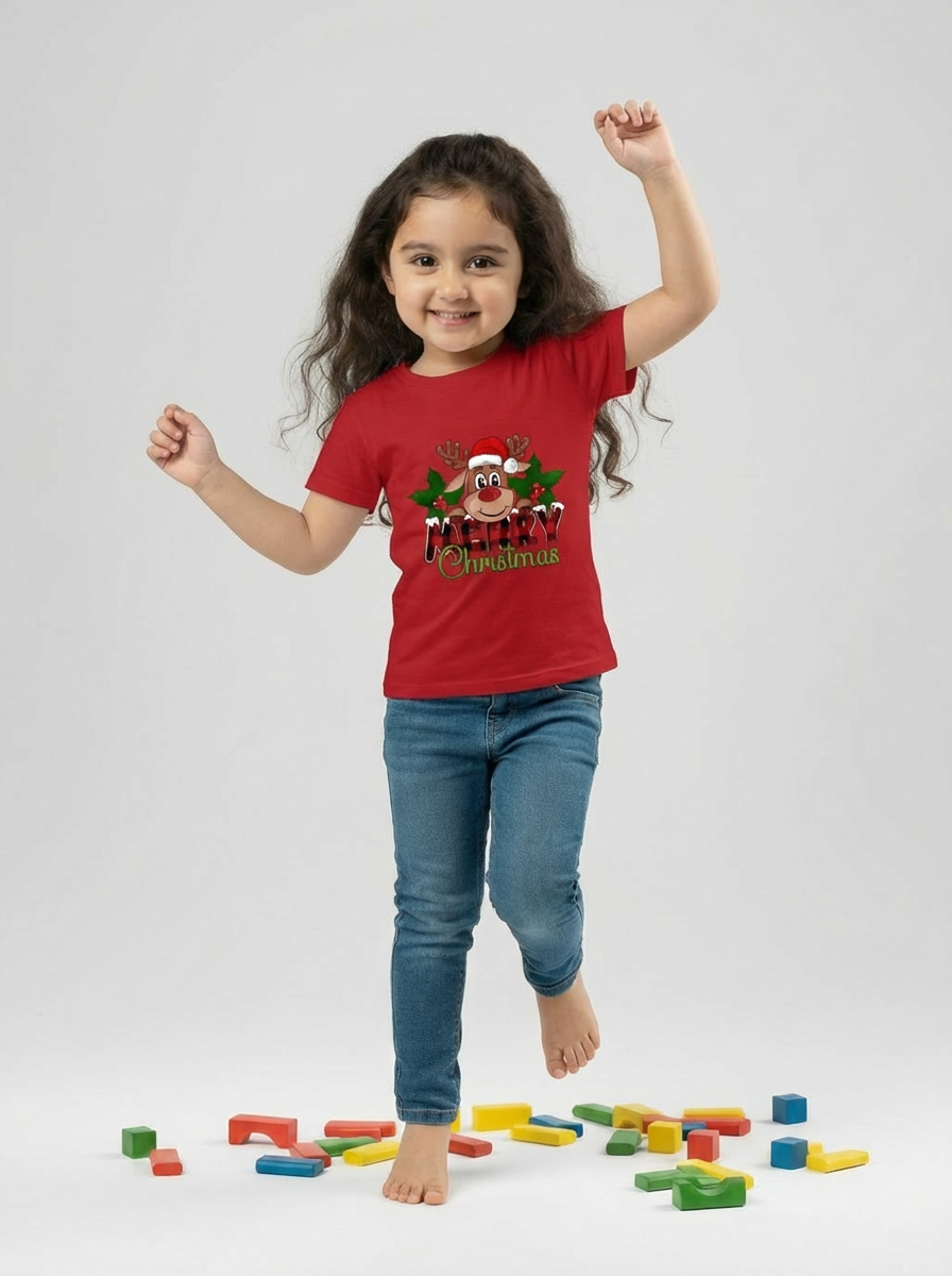 Girl Kids Christmas T-Shirt - Reindeer Santa Design