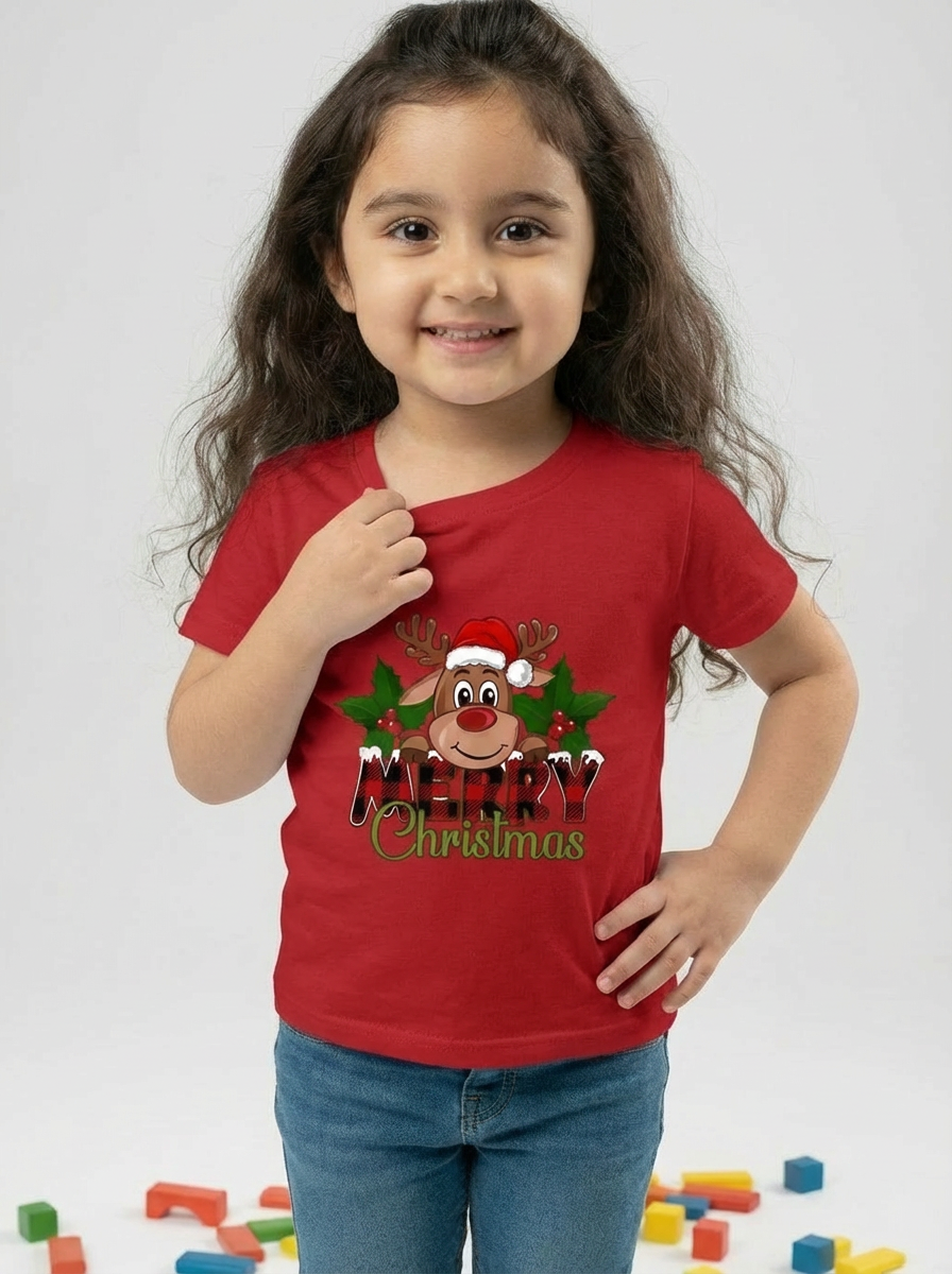 Girl Kids Christmas T-Shirt - Reindeer Santa Design