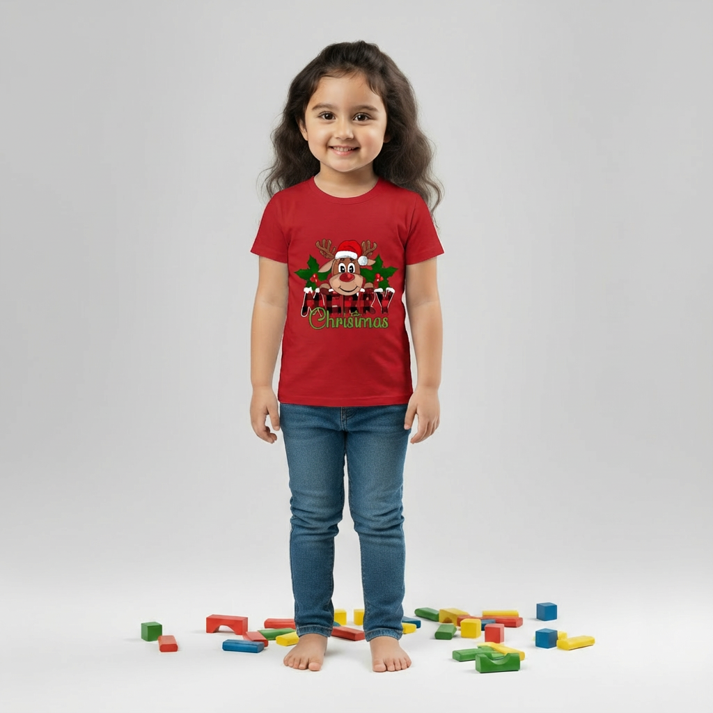 Girl Kids Christmas T-Shirt - Reindeer Santa Design