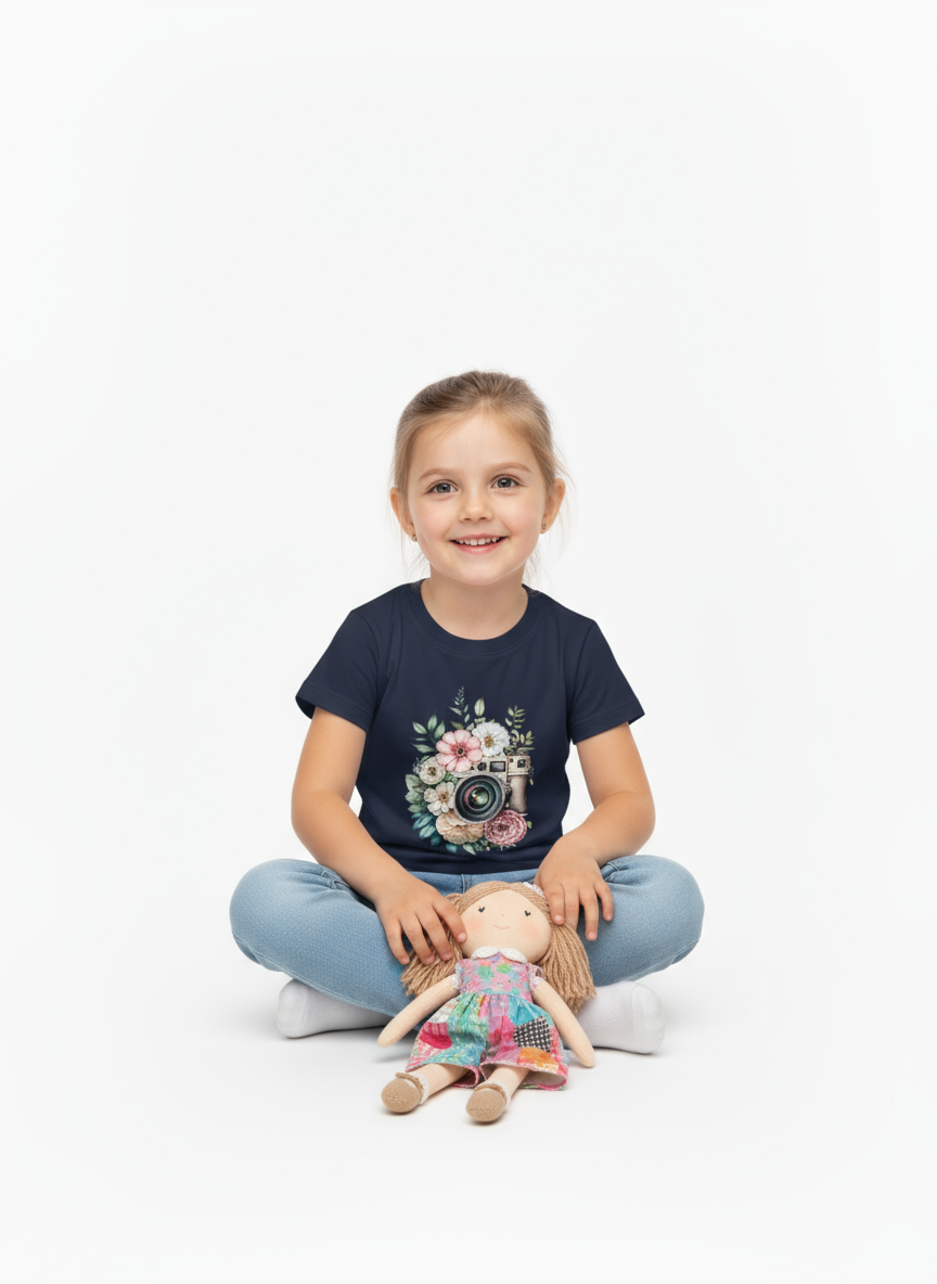 Kids Girls Floral Camera Tshirt